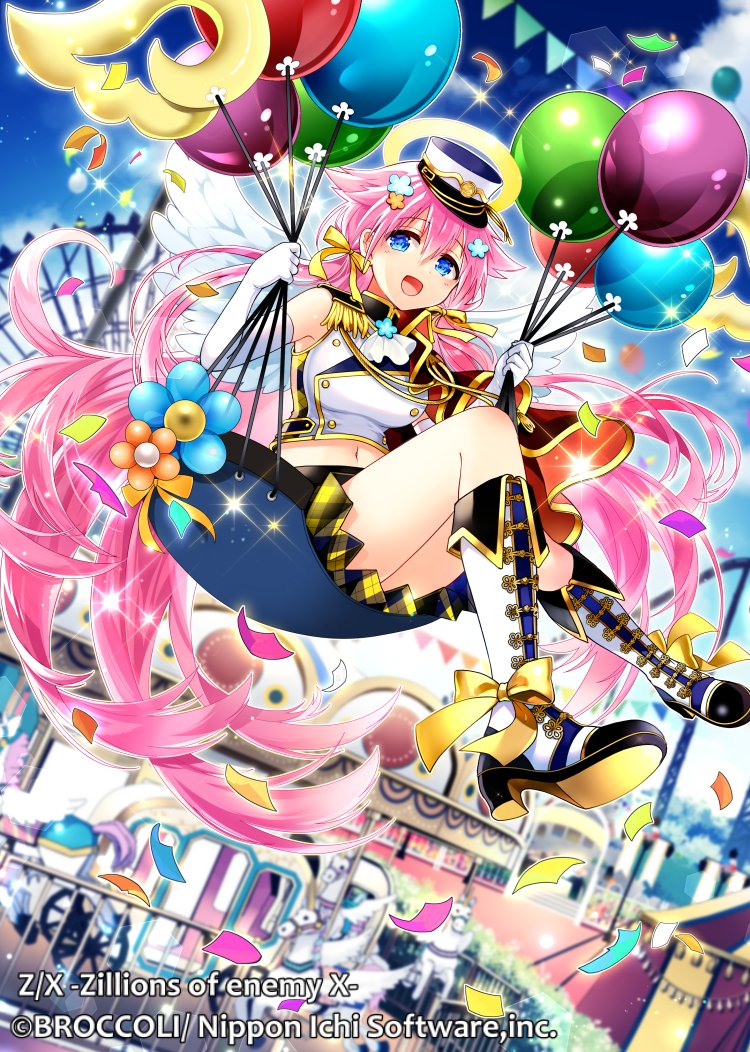1girl, amusement_park, balloon, balloon_flower, black_shirt, blue_eyes, boots, bow