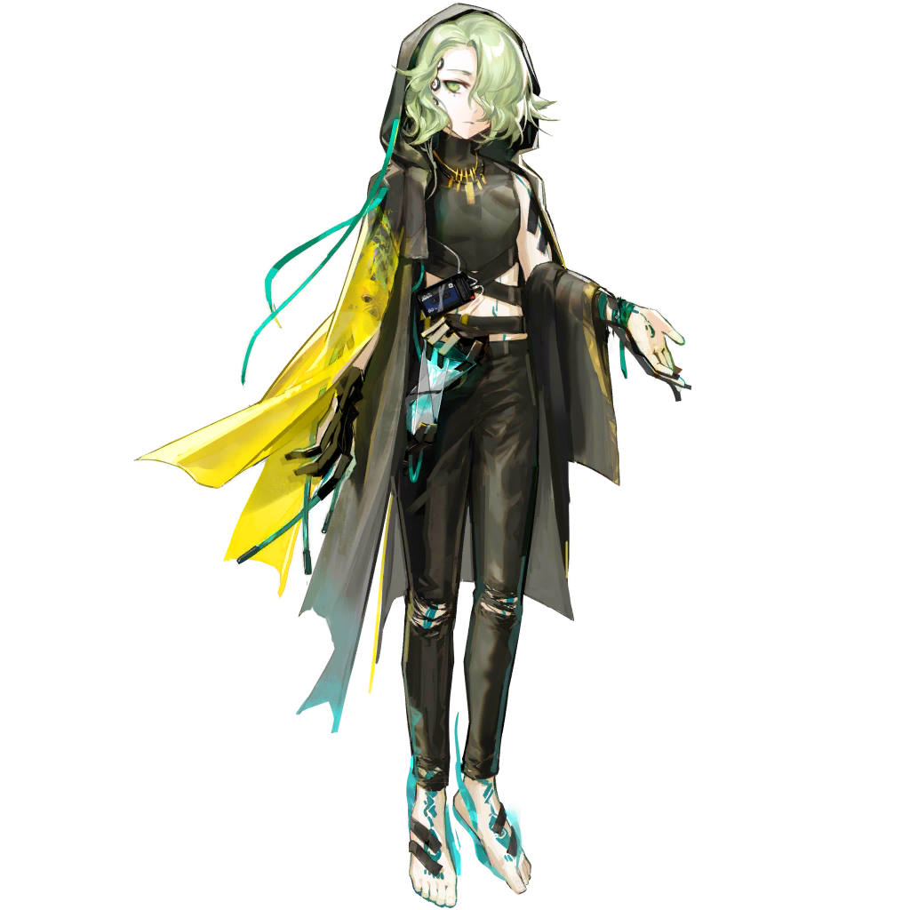 1other, arknights, artist_request, barefoot, black_cape, black_pants, cape, check_artist