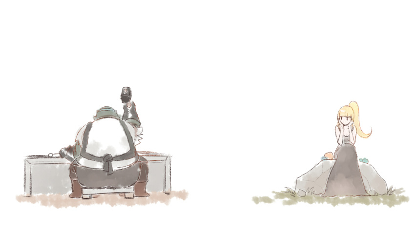 1boy, 1girl, black_dress, black_eyes, black_pants, blacksmith_lenigrast, blonde_hair, blunt_bangs, boots, brown_boots, commentary_request, dark_souls_(series), dark_souls_ii, dress, father_and_daughter, full_body, hammer, holding, holding_hammer, long_hair, maou_skun, pants, rock, shirt, sitting, stone_trader_chloanne, white_shirt