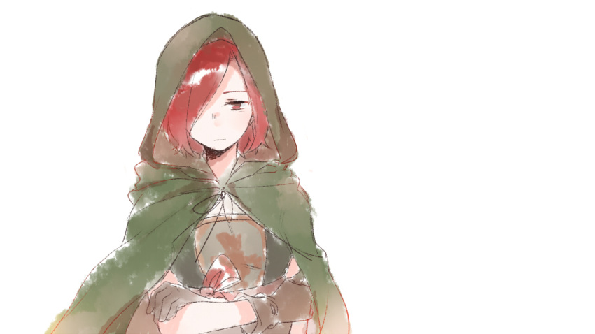 1girl, breasts, brown_gloves, cloak, closed_mouth, commentary_request, crossed_arms, dark_souls_(series)