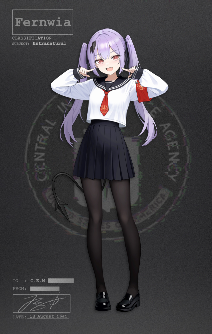 +_+, 1girl, absurdres, adversarial_noise, armband, bar_censor, black_pantyhose, black_ribbon, black_sailor_collar, black_shoes, black_skirt, black_tail, blue_hair, breasts, brown_eyes, brown_hair, censored, central_intelligence_agency, character_name, collarbone, dated, demon_girl, demon_tail, emblem, english_commentary, english_text, fang, full_body, glitch, hair_tie, hands_up, highres, jerry_wang, loafers, long_hair, long_sleeves, necktie, open_mouth, original, pantyhose, pleated_skirt, pointing_at_mouth, red_armband, red_necktie, ribbon, sailor_collar, school_uniform, serafuku, shirt, shoes, sidelocks, signature, skin_fang, skirt, small_breasts, smile, solo, standing, symbol-shaped_pupils, tail, twintails, white_shirt