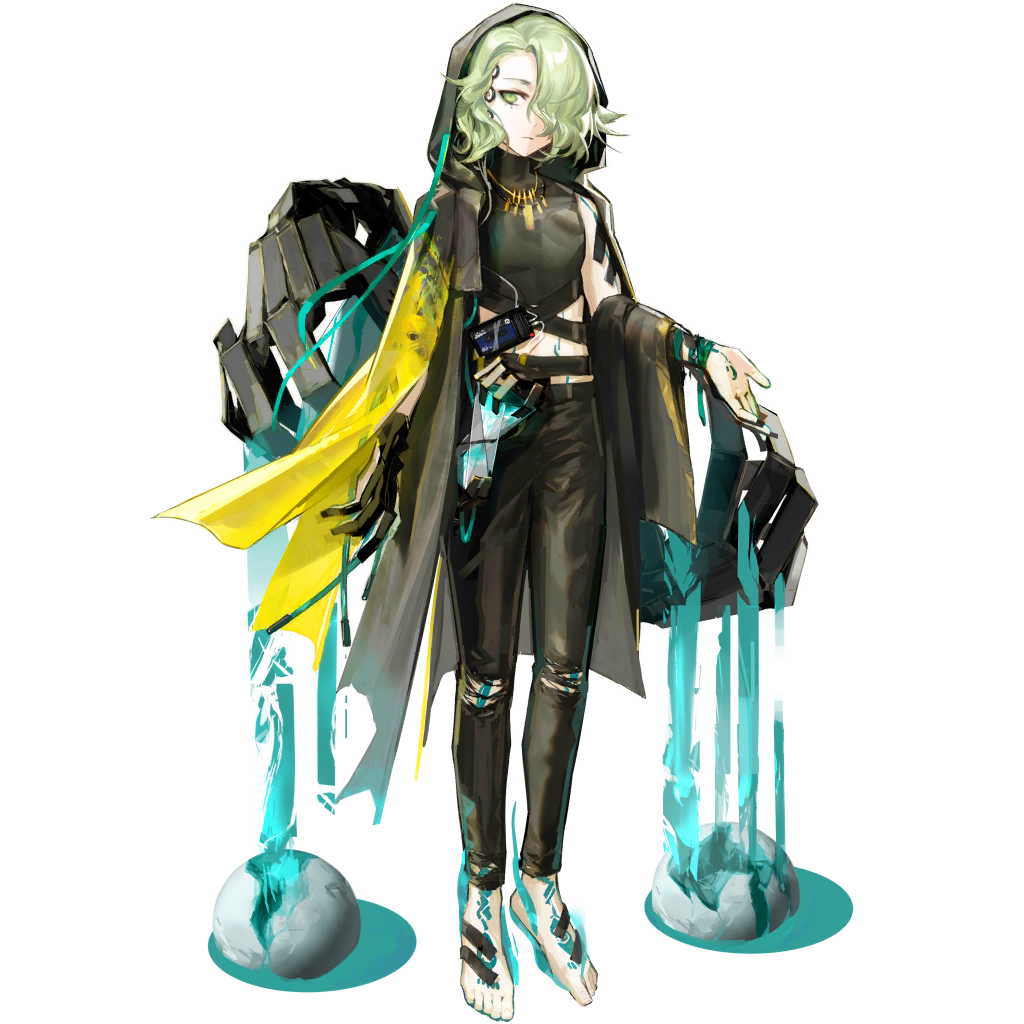 1other, arknights, artist_request, barefoot, black_cape, black_pants, cape, check_artist