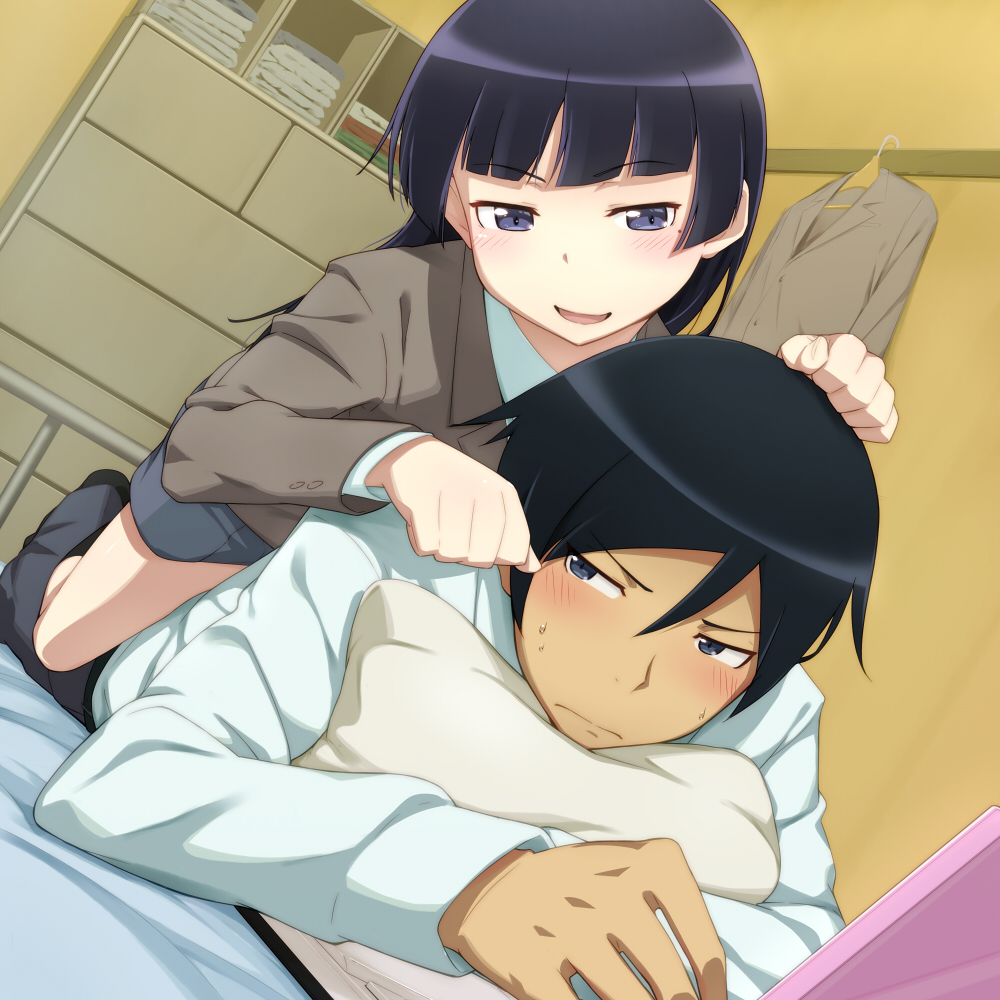 1girl, bed, black_eyes, black_hair, blazer, blush, cat_pose, commentary