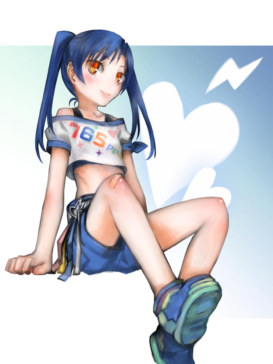 crop_top, highres, idolmaster, kakashichi, kisaragi_chihaya, midriff, orange_eyes, shorts