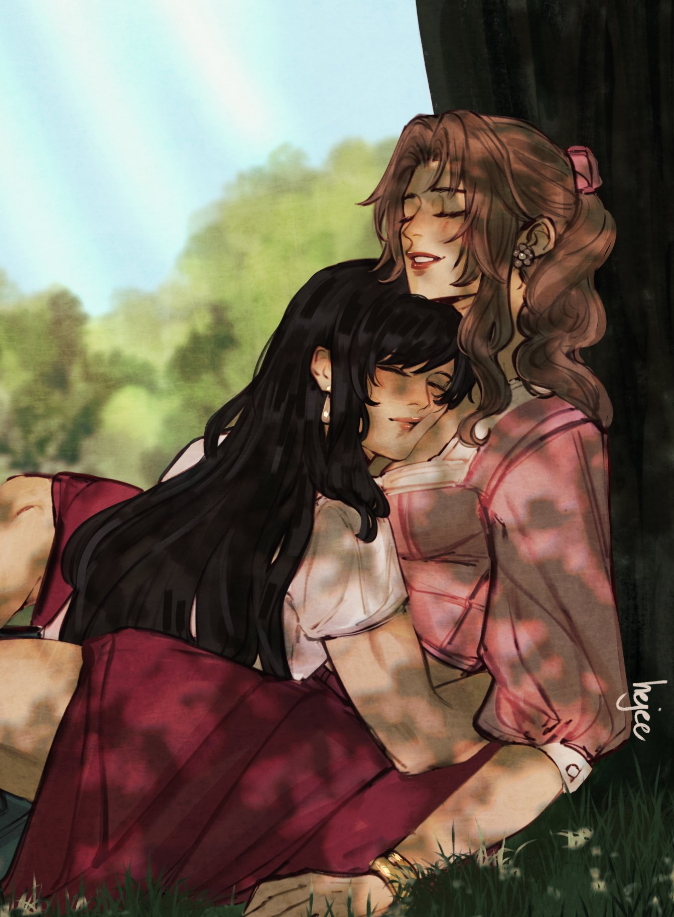 2girls, aerith_gainsborough, black_hair, blue_sky, brown_hair, closed_eyes, closed_mouth, commentary