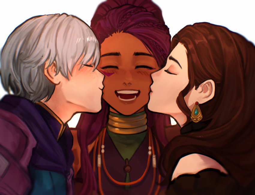 1boy, 2girls, absurdres, ashe_ubert, ashe_ubert_(timeskip), bisexual_female, blush, brown_hair
