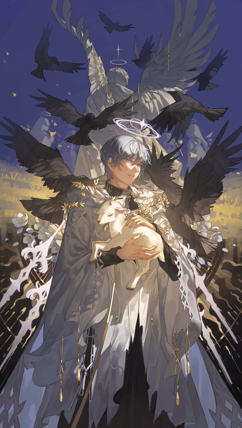1boy, absurdres, andoain_(arknights), angel, angel_wings, animal, arknights, baby_animal