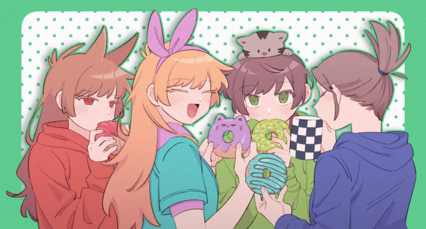 4girls, :d, ^_^, alternate_eye_color, animal, animal_on_head, antenna_hair, blue_hoodie