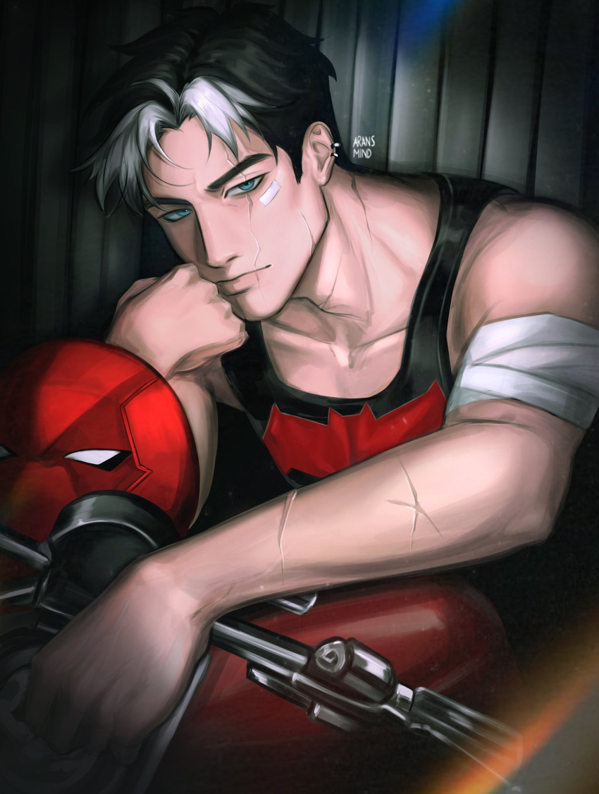 1boy, aransmind, bat_signal, batman_(series), batman_symbol, black_hair, black_tank_top, blue_eyes, collarbone, dc_comics, highres, jason_todd, male_focus, mask, multicolored_hair, muscular, muscular_male, red_hood_(dc), red_hood_and_the_outlaws, red_mask, scar, scar_on_face, short_hair, tank_top