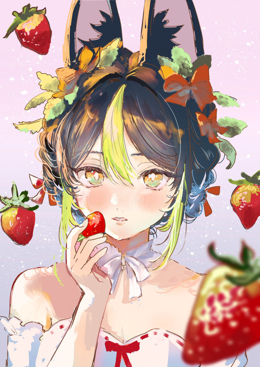 1boy, alternate_costume, alternate_hairstyle, animal_ear_fluff, animal_ears, bare_shoulders, black_hair, blurry