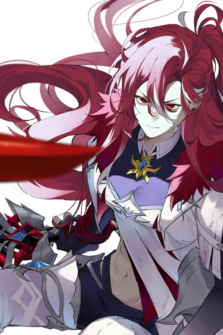 1girl, abs, absurdres, adrestia_(elsword), black_gloves, closed_mouth, commentary, elesis_(elsword), elsword, fingerless_gloves, floating_hair, gloves, gyoju_(0x0), highres, holding, holding_sword, holding_weapon, long_hair, looking_at_viewer, midriff, multicolored_hair, navel, red_eyes, red_hair, simple_background, solo, stomach, streaked_hair, sword, very_long_hair, weapon, white_background, white_hair