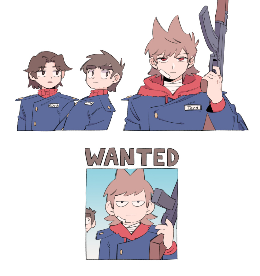 3boys, akm, antenna_hair, assault_rifle, bandaged_neck, bandages, blue_jacket, brown_eyes
