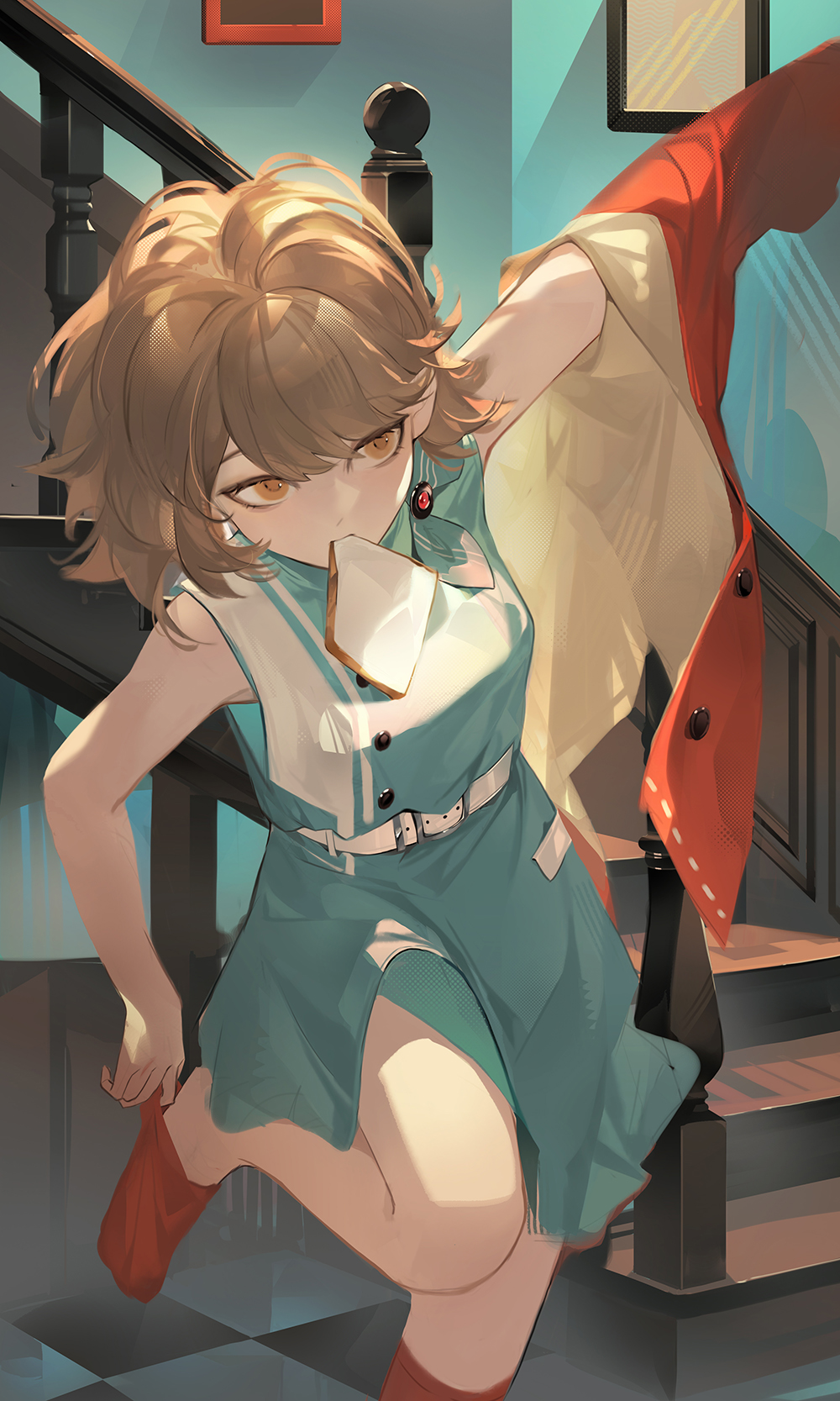 1girl, adjusting_sock, aqua_dress, arm_out_of_sleeve, bare_arms, bread, bread_slice, brown_hair