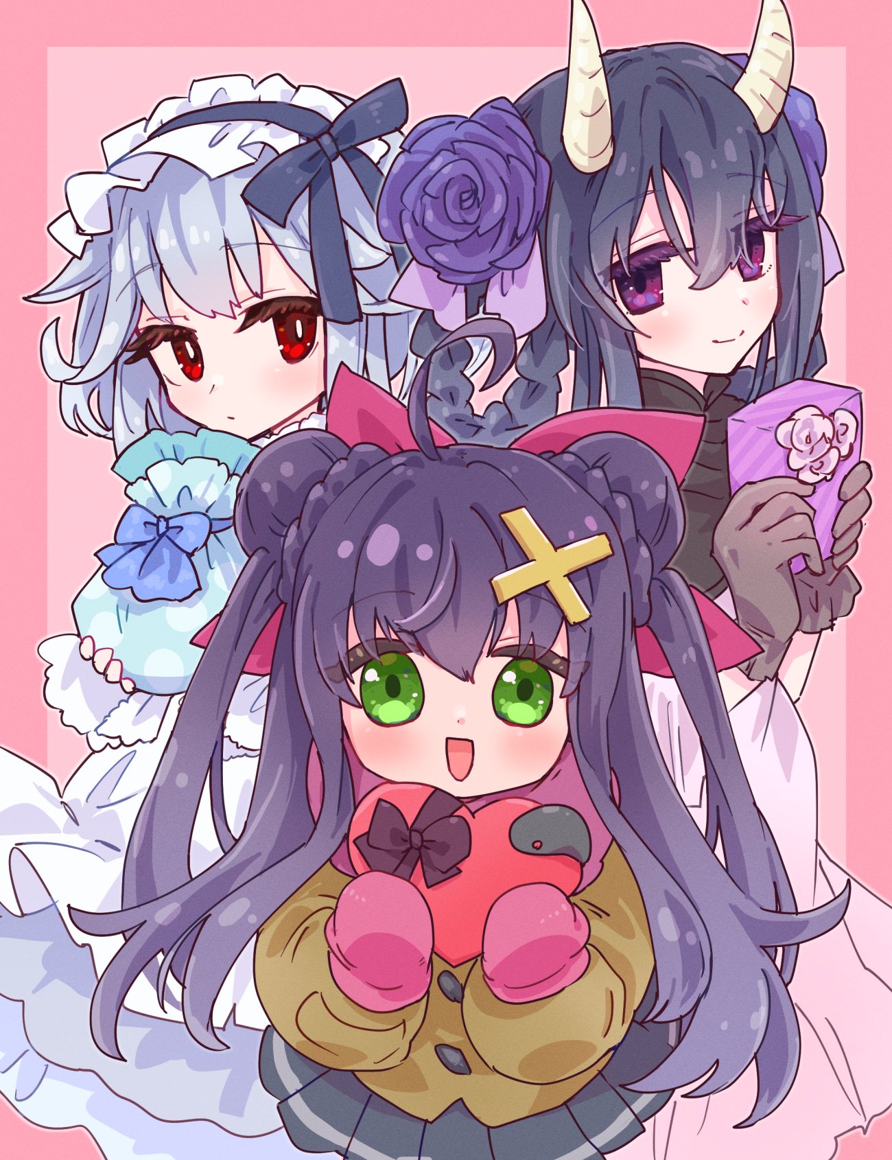 3girls, ahoge, android, black_hair, black_hairband, bow, brown_gloves, brown_shirt