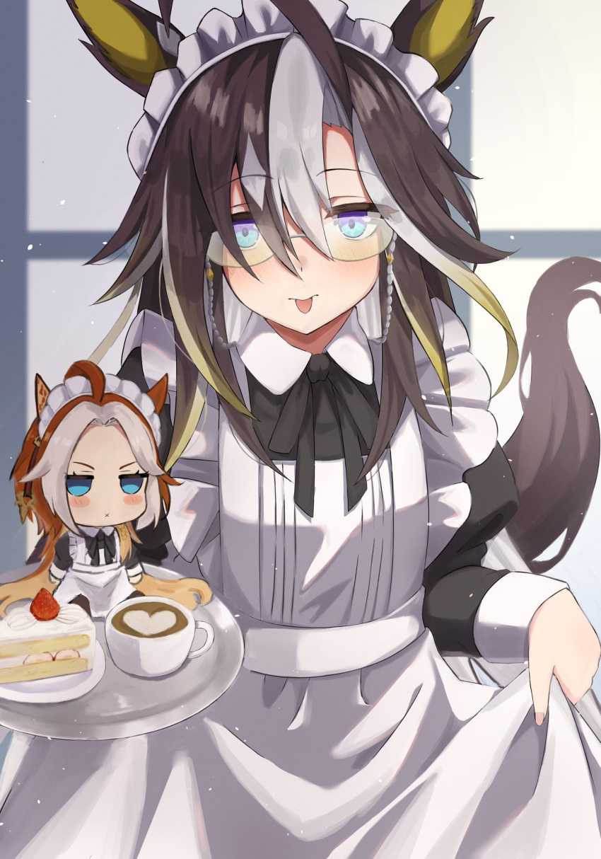 1girl, ahoge, alternate_costume, animal_ears, blonde_hair, blue_eyes, blush, brown_hair