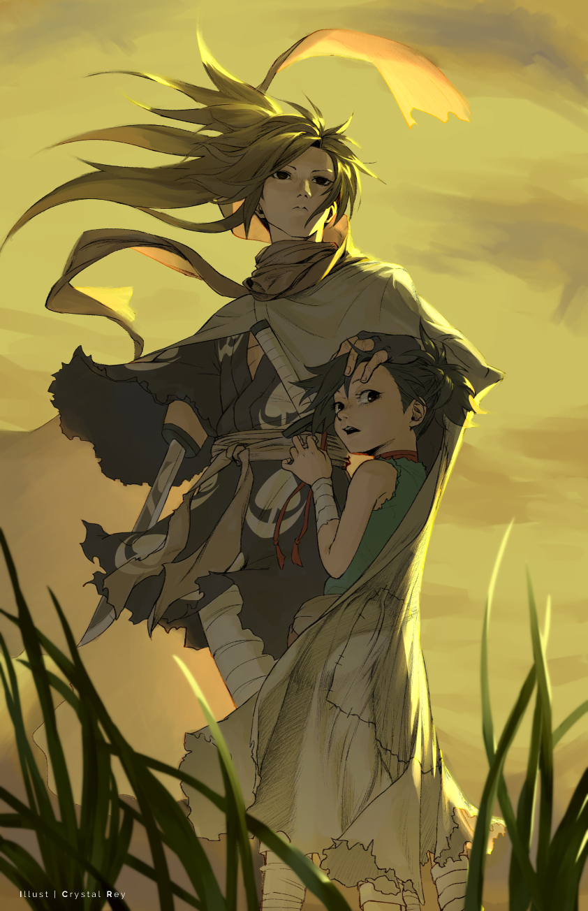 1boy, 1girl, amputee, bandaged_arm, bandages, bare_shoulders, black_eyes, black_hair