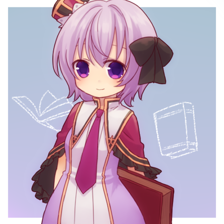 1girl, black_hat, black_ribbon, blue_background, book, buch_alma, capelet, dress, emil_chronicle_online, frilled_capelet, frills, hair_ribbon, hat, holding, holding_book, lowres, necktie, purple_dress, purple_necktie, red_capelet, red_hat, ribbon, solo, two-tone_dress, two-tone_hat, violet_eyes, white_dress, yellow_(artist)