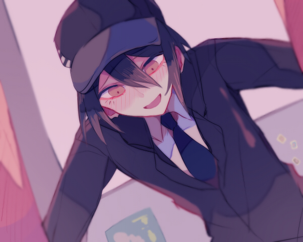 1boy, baseball_cap, bedroom, black_hat, black_jacket, blazer, blue_necktie, box_pov, collared_jacket, collared_shirt, commentary_request, crazy, danganronpa_(series), danganronpa_v3:_killing_harmony, downturned_eyes, from_below, hat, indoors, jacket, lapels, long_sleeves, looking_down, male_focus, necktie, notched_lapels, official_alternate_costume, open_mouth, photo_(object), poster_(object), pov, saihara_shuichi, sakura_(fein5862817), school_uniform, shirt, smile, solo, upper_body, white_shirt
