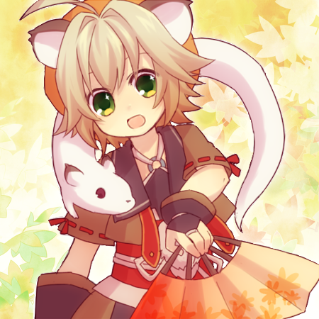 1boy, ahoge, animal_ears, black_gloves, blonde_hair, emil_chronicle_online, folding_fan, gloves, green_eyes, hand_fan, hat, holding, holding_fan, jacket, lowres, open_mouth, orange_hat, orange_jacket, red_sash, sash, shugoma_kikuzuki, weasel, yellow_(artist), yellow_background