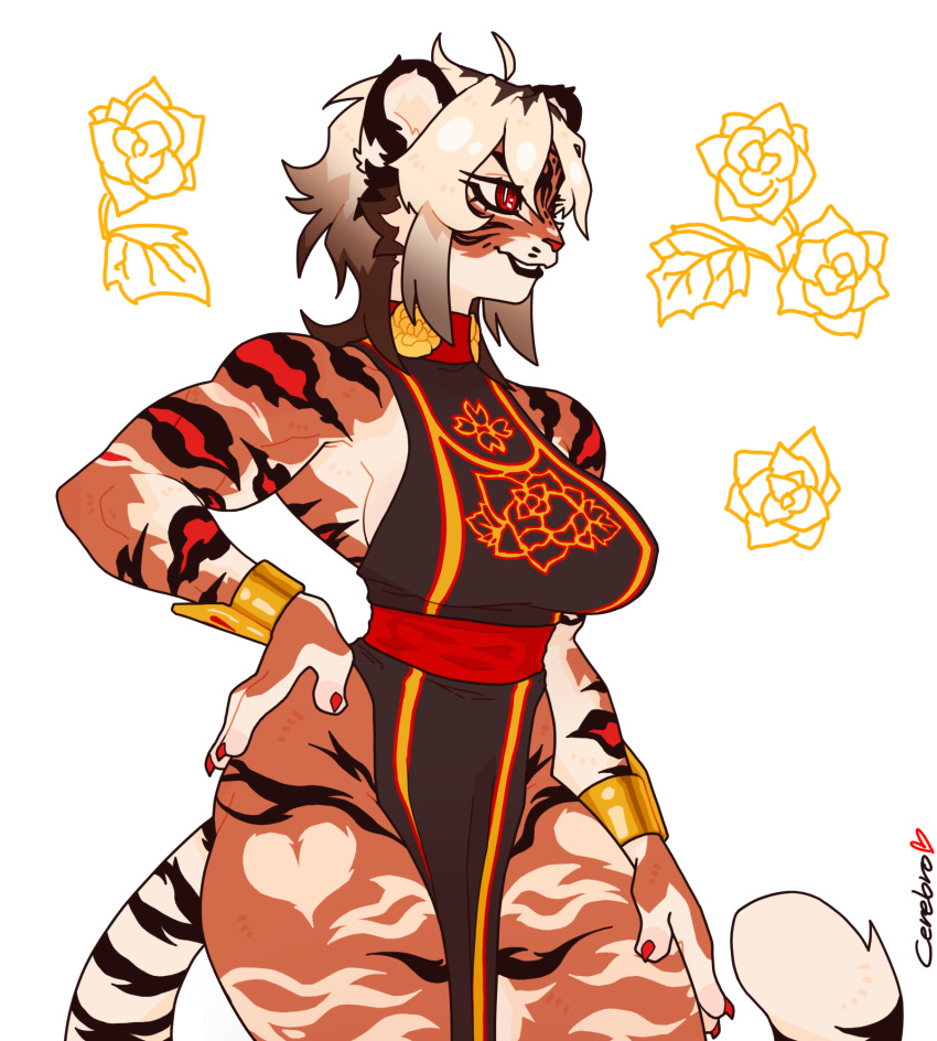 1girl, animal_ears, animal_nose, animal_print, bangle, black_dress, black_fur, body_fur, bracelet, breasts, cerebro_podrido, china_dress, chinese_clothes, choker, dress, furry, furry_female, gold_bracelet, highres, jewelry, muscular, muscular_female, orange_fur, original, pelvic_curtain, print_dress, red_choker, red_eyes, short_hair, side_slit, simple_background, sleeveless, sleeveless_dress, snout, tail, tiger_ears, tiger_girl, tiger_print, tiger_tail, white_fur