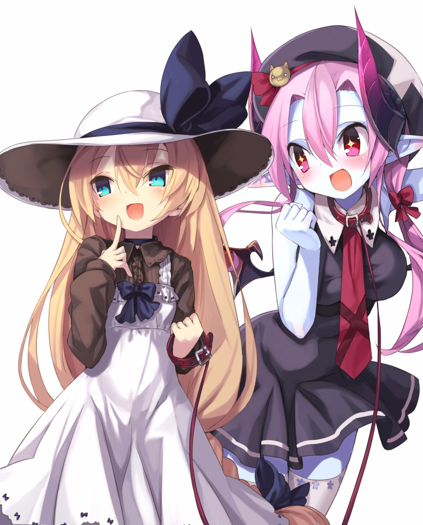 2girls, absurdres, alternate_costume, armadillon, asmodeus_(eco), bat_wings, black_dress, black_hat