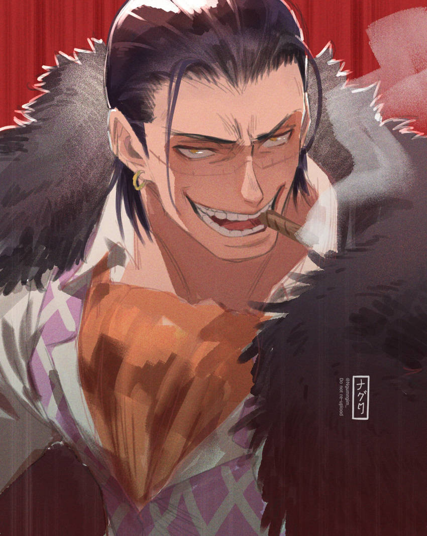 1boy, absurdres, black_hair, cape, commentary_request, crocodile_(one_piece), earrings, fur-trimmed_cape