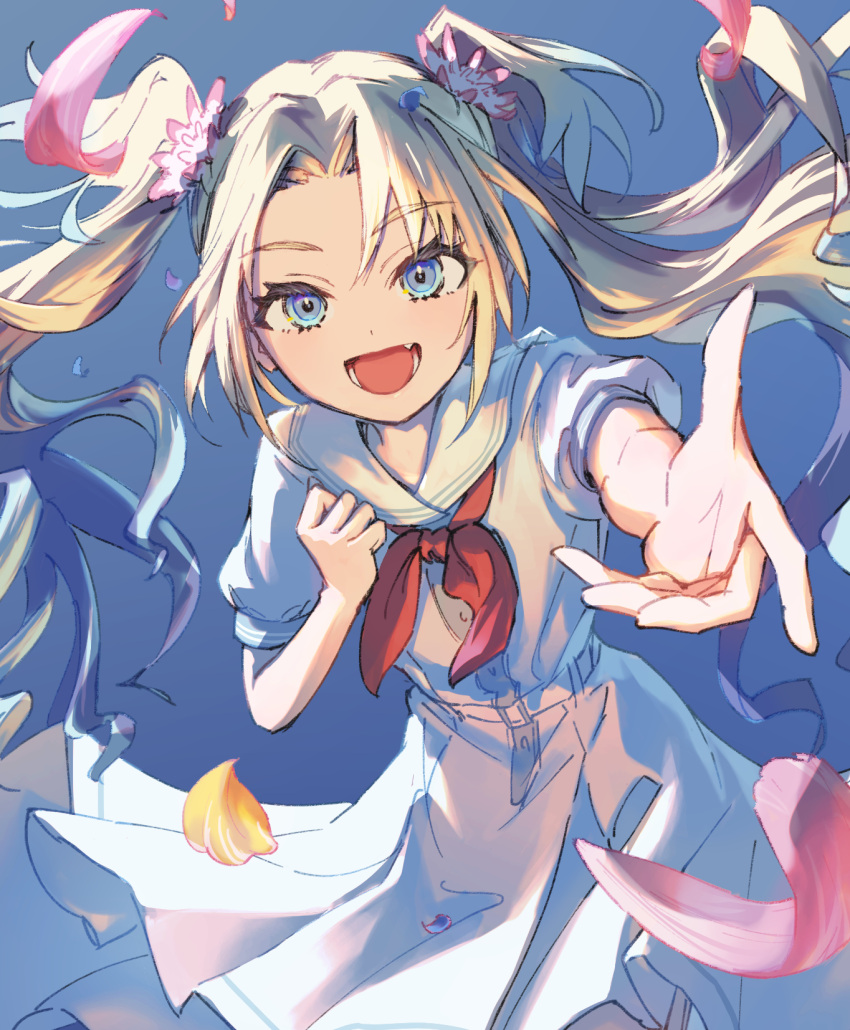 1girl, blonde_hair, blue_hair, clenched_hand, commentary_request, curtained_hair, dress, falling_petals