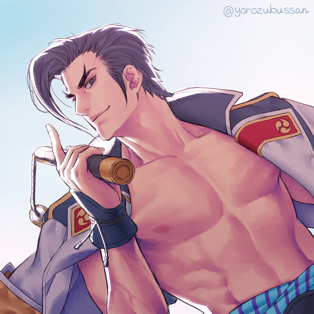 1boy, abs, black_hair, closed_mouth, collarbone, cowlick, forked_eyebrows, highres