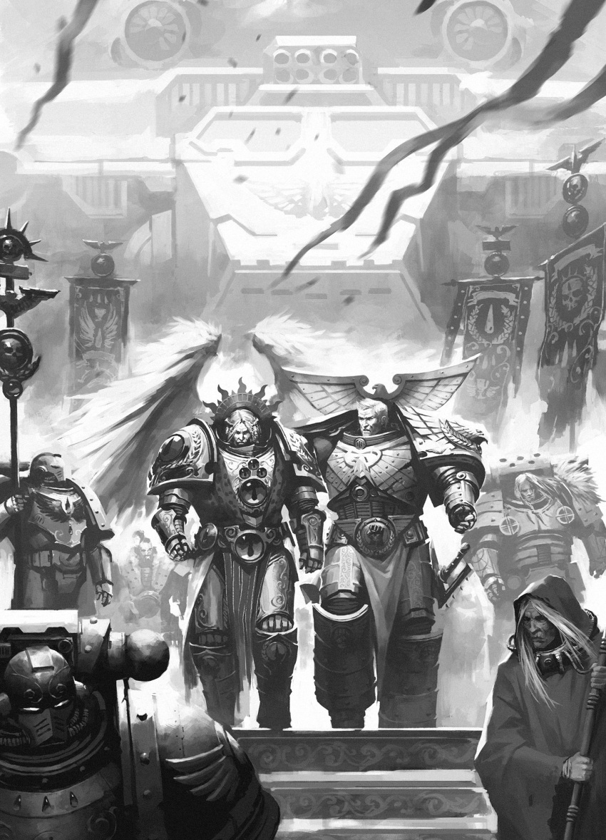 6+boys, adeptus_astartes, angel, angel_wings, armor, banner, blood_angels, english_commentary