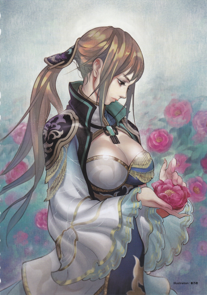 artist_request, breasts, brown_eyes, brown_hair, chinese_clothes, cleavage, cleavage_cutout, flower