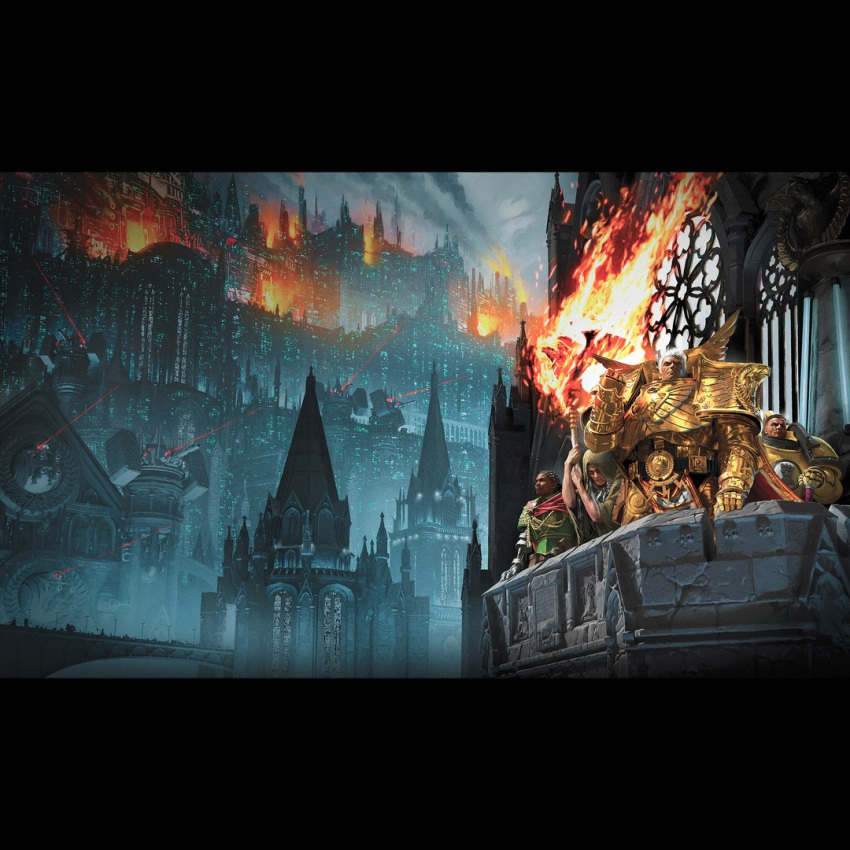 1girl, 3boys, adeptus_astartes, architecture, armor, artofneilroberts, closed_mouth, commentary