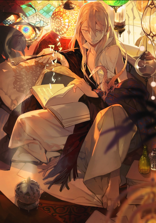 1boy, animal_on_arm, armillary_sphere, barefoot, black_shawl, blonde_hair, blurry, book