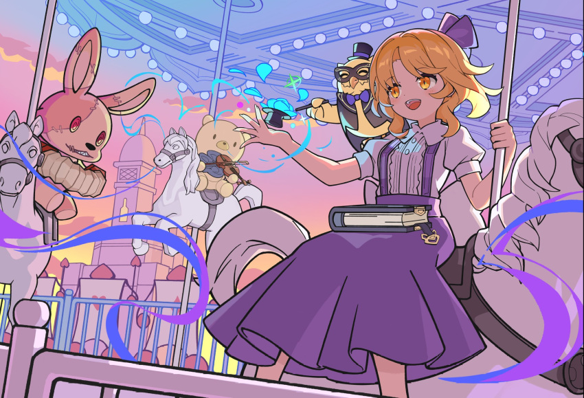 1girl, alice_margatroid, alice_margatroid_(pc-98), amusement_park, bird, blonde_hair, blue_hairband, blush, book, carousel, castle, devilkillerx, flower, grimoire, grimoire_of_alice, hair_bobbles, hair_ornament, hairband, hat, highres, holding, holding_book, horse, horseback_riding, magic, open_mouth, owl, puffy_short_sleeves, puffy_sleeves, riding, short_sleeves, skirt, smile, stuffed_toy, suspender_skirt, suspenders, teeth, touhou, upper_teeth_only