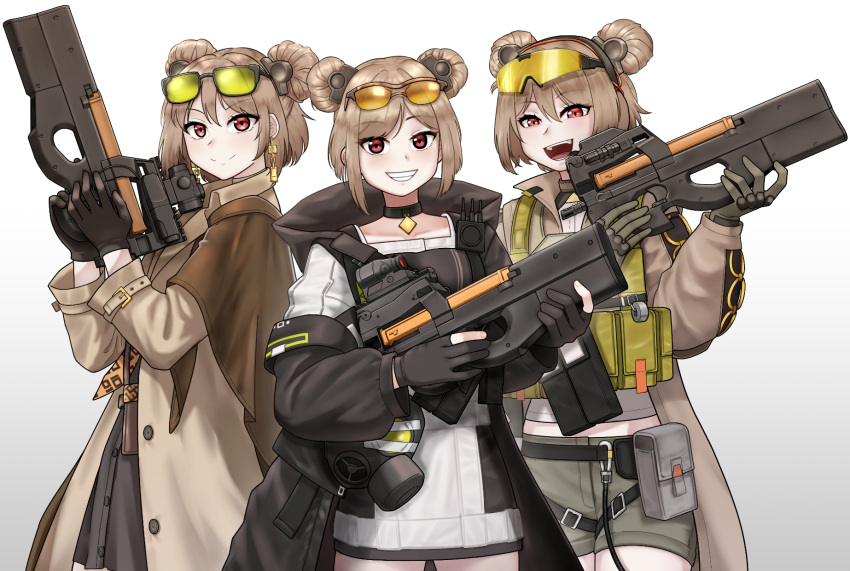 3girls, black_choker, black_gloves, black_jacket, brown_coat, brown_hair, brown_shoes, choker