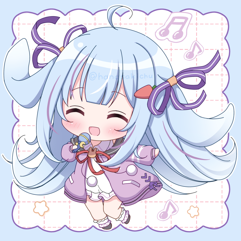 1girl, :d, ^_^, black_shoes, blue_border, blue_hair, blunt_bangs, blush, border, carrot_hair_ornament, chibi, chibi_only, closed_eyes, coco_chocolat, commentary_request, dress, food-themed_hair_ornament, full_body, grid_background, hair_ornament, hanasakichu, holding, holding_microphone, indie_virtual_youtuber, jacket, long_hair, long_sleeves, microphone, multicolored_hair, open_mouth, outside_border, purple_jacket, purple_streaks, rabbit-shaped_pupils, shoes, smile, socks, solo, streaked_hair, symbol-shaped_pupils, twitter_username, virtual_youtuber, white_background, white_dress, white_socks