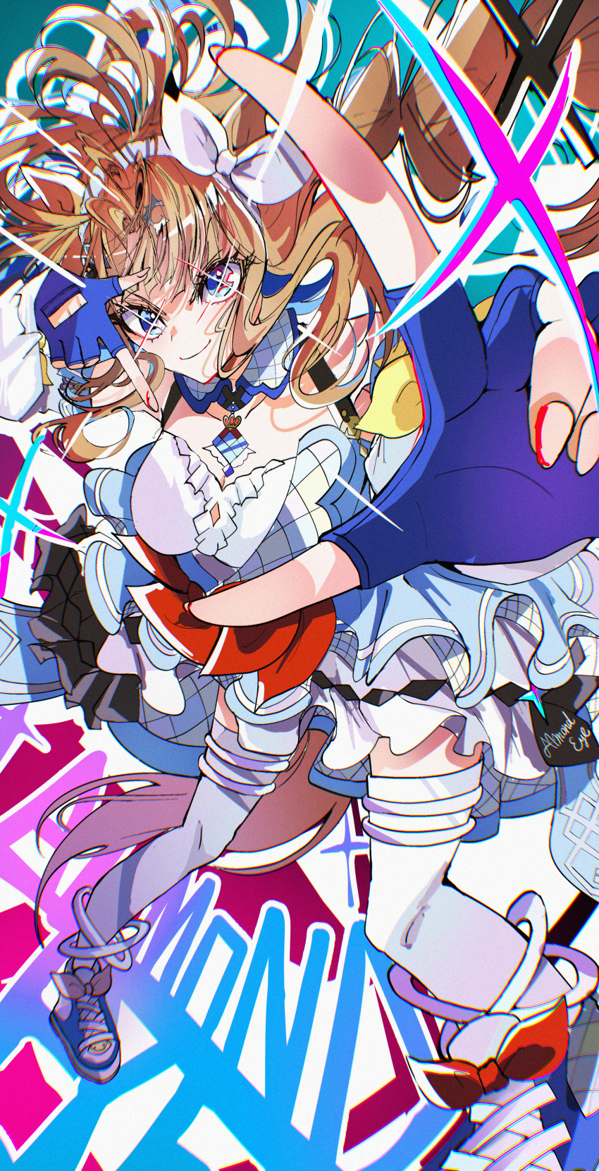 +_+, 1girl, absurdres, almond_eye_(umamusume), animal_ears, blue_gloves, bow, bow_hairband, braid, braided_sidelocks, colored_inner_hair, ear_bow, gloves, hairband, highres, horse_ears, horse_girl, horse_tail, multicolored_hair, period_ky88, red_button, solo, symbol-shaped_pupils, tail, umamusume, white_hairband, x-shaped_pupils