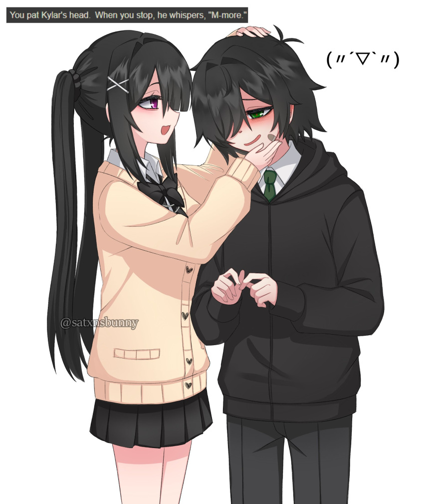 1boy, 1girl, artist_name, black_bow, black_bowtie, black_hair, black_hoodie, black_pants