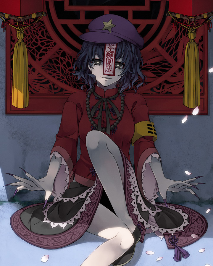 armband, blue_hair, fingernails, geung_si, grey_eyes, hat, jewelry, jiangshi