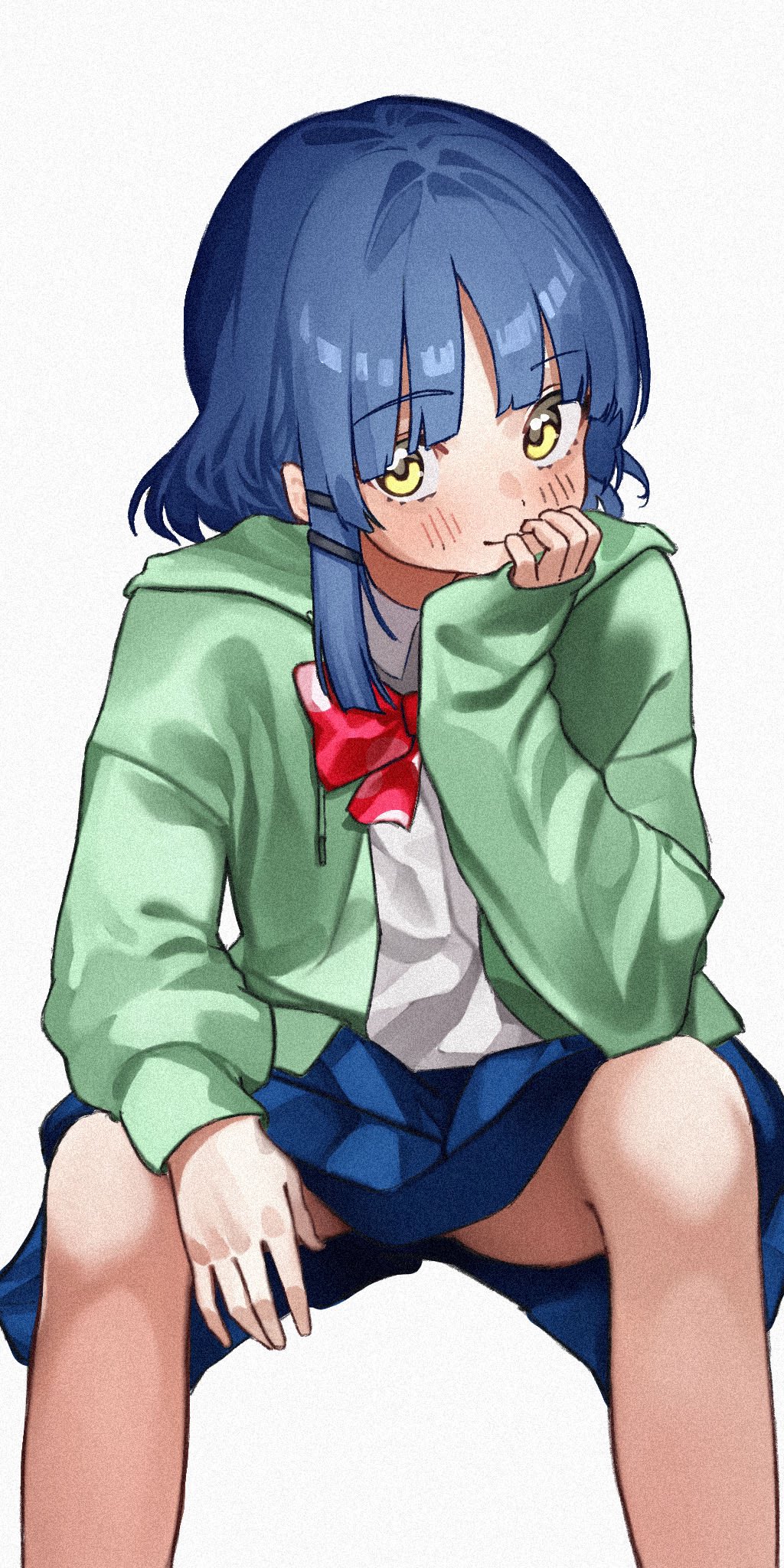 1girl, blue_hair, blue_skirt, blunt_bangs, blush, bocchi_the_rock!, bow, bowtie