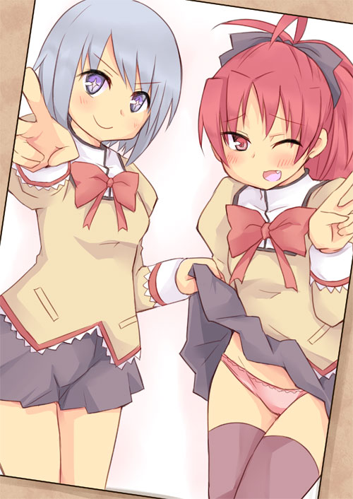 2girls, altorealize, blue_hair, bow, hair_bow, mahou_shoujo_madoka_magica, miki_sayaka, multiple_girls, panties, photo_(object), pink_panties, red_hair, redhead, sakura_kyouko, school_uniform, short_hair, skirt, skirt_lift, thighhighs, underwear, v, wink
