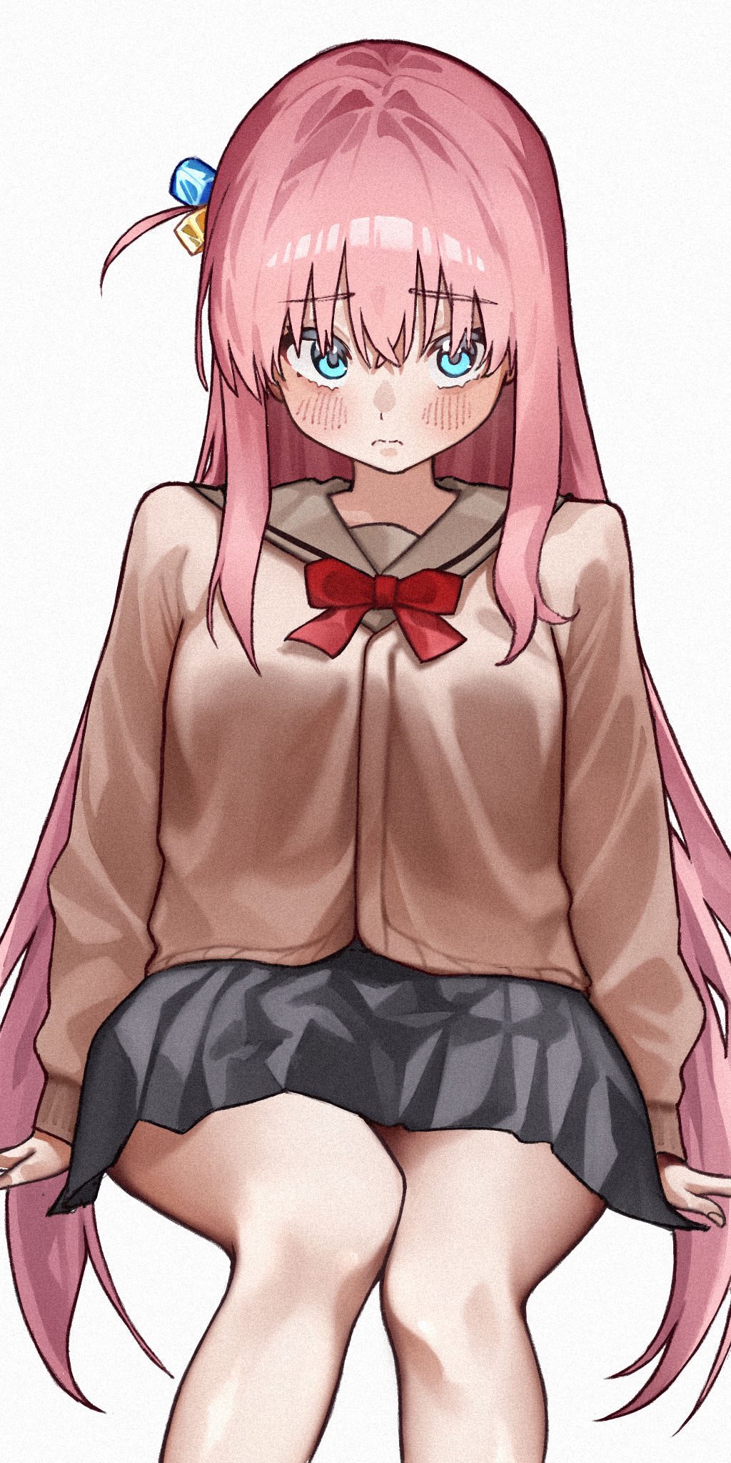 1girl, 3:, arms_at_sides, black_skirt, blue_eyes, blush, bocchi_the_rock!, bow