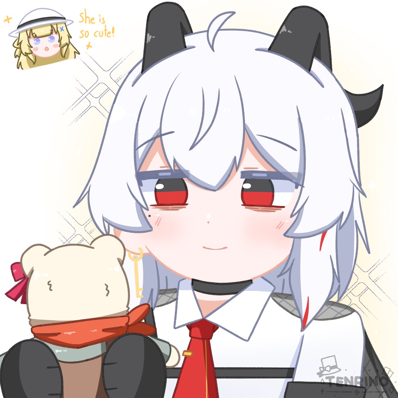 2girls, ahoge, artist_logo, bags_under_eyes, black_choker, black_eyes, black_gloves, black_horns, choker, closed_mouth, collared_shirt, commentary, curled_horns, diggy_duggy_(wuthering_waves), english_commentary, english_text, gloves, highres, holding, holding_stuffed_toy, horns, logo, long_hair, mole, mole_under_eye, multicolored_eyes, multicolored_hair, multiple_girls, necktie, phoebe_(wuthering_waves), red_eyes, red_necktie, revision, shirt, smile, solo_focus, sparkle, sparkling_aura, streaked_hair, stuffed_toy, tacet_discord_(wuthering_waves), tenrino, two-tone_eyes, white_hair, white_shirt, wuthering_waves, zani_(wuthering_waves)