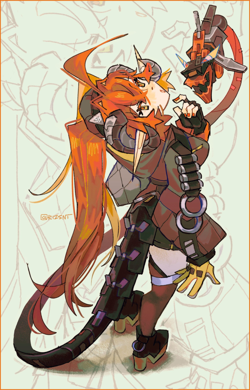 1girl, 1other, ammunition, asymmetrical_gloves, black_hat, black_horns, black_jacket, black_shoes