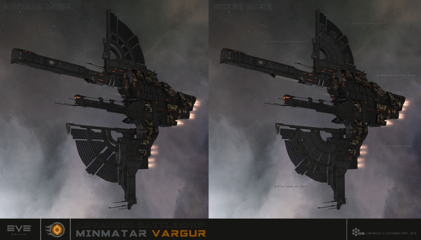 3d, absurdres, advanced_ship_(eve_online), battleship_(eve_online), boundless_creation_(eve_online), camouflage, clouds, combat_ship_(eve_online), commentary, company_logo, company_name, copyright_logo, copyright_name, dated, english_commentary, eve_online, fire, flying, glowing, highres, logo, marauder_(eve_online), maya_(medium), military_vehicle, minmatar_logo_(eve_online), no_humans, official_art, outdoors, pointing_out_the_details, radio_antenna, realistic, science_fiction, siege_mode_(eve_online), solar_panel, space, spacecraft, star_(sky), starry_sky_background, tempest_(eve_online), thrusters, vargur_(eve_online), vehicle_focus, vehicle_name, ymir_jonsson