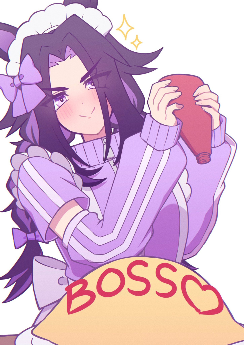 alternate_costume, animal_ears, apron, arm_warmers, black_hair, blush, bow, closed_mouth