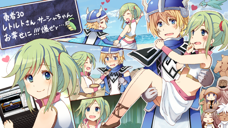 armor, blonde_hair, carrying, dragon, feeding, food, green_hair, gum_(vivid_garden)