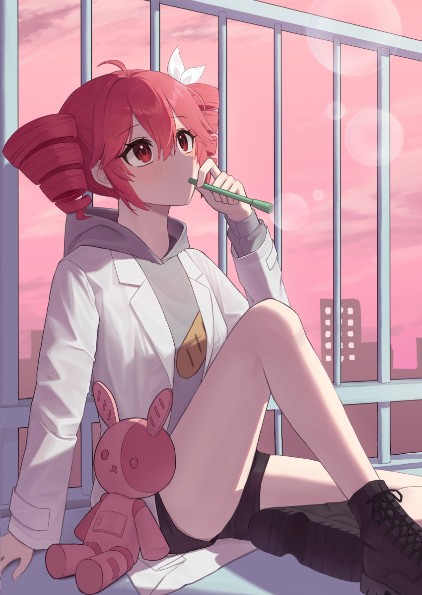 1girl, absurdres, ahoge, black_shorts, boots, bread_print, brown_boots, building