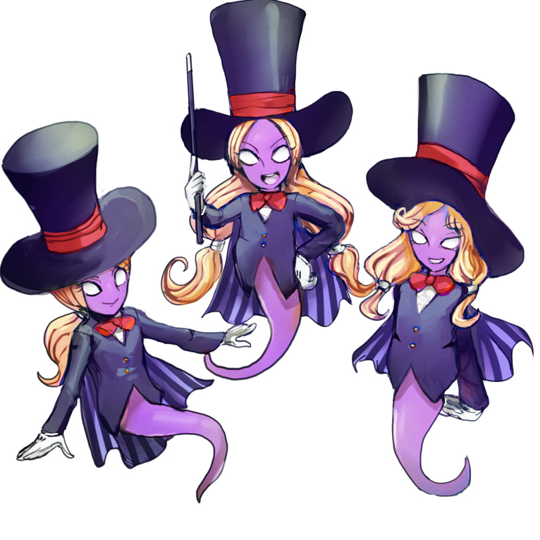 3girls, blonde_hair, bow, bowtie, byte_(grunty-hag1), colored_skin, commentary_request, ghost_girl