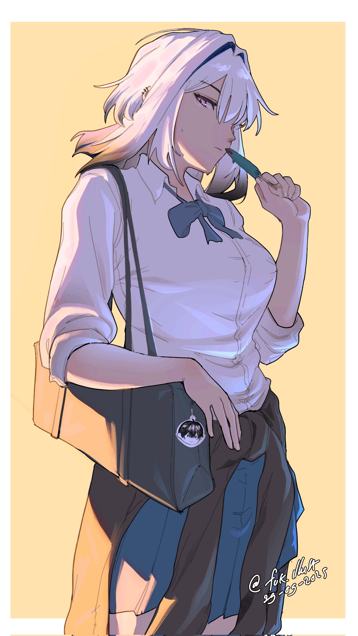 1girl, bag, bag_charm, character_charm, charm_(object), dated, earrings, evve_(fok_illust), galbrena_(wuthering_waves), highres, jewelry, male_rover_(wuthering_waves), rover_(wuthering_waves), shoulder_bag, simple_background, solo, twitter_username, violet_eyes, wuthering_waves, yellow_background