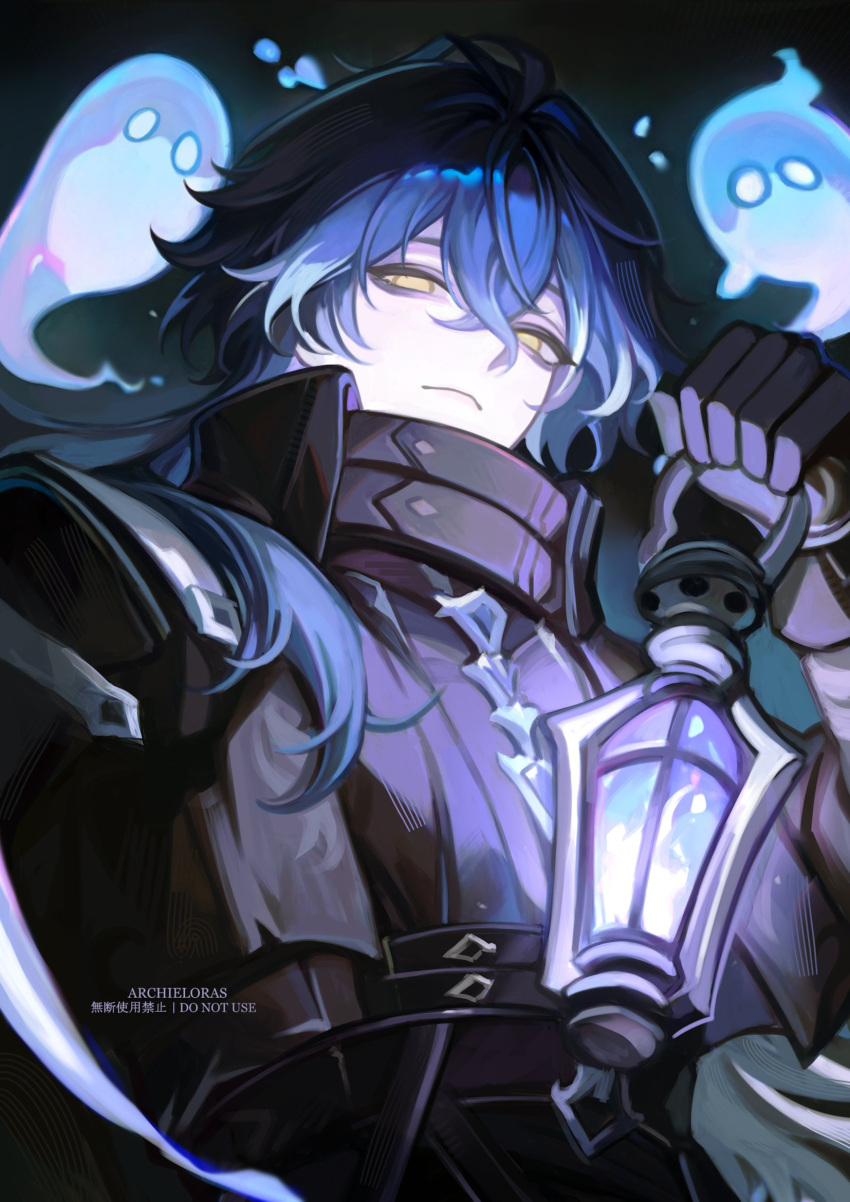 1boy, antenna_hair, archieloras, artist_name, belt, black_belt, black_capelet, black_coat